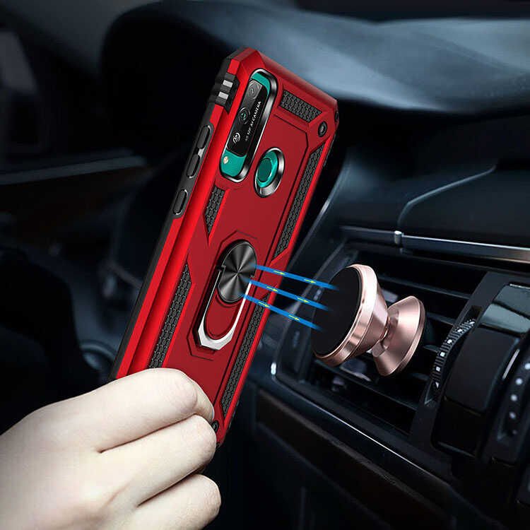 Huawei P40 Lite E Kılıf Tank Zırh Yüzüklü Mıknatıslı Standlı Kapak (VEGA) Kırmızı