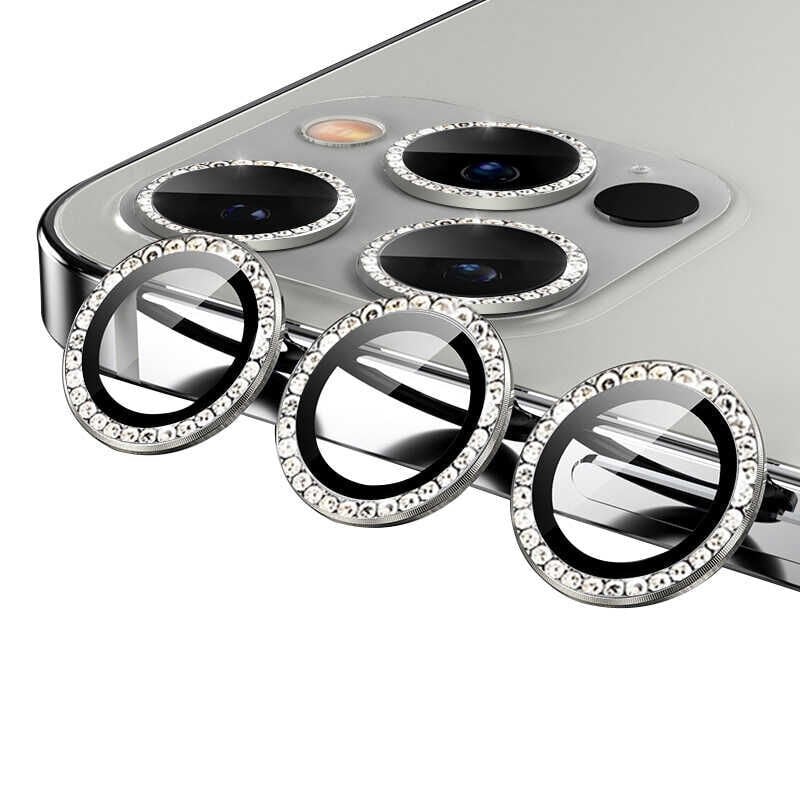 Apple iPhone 11 Pro Kamera Lens Koruyucu Renkli Taşlı Tasarım Kolay Takma Aparatlı (CL-06) Gümüş