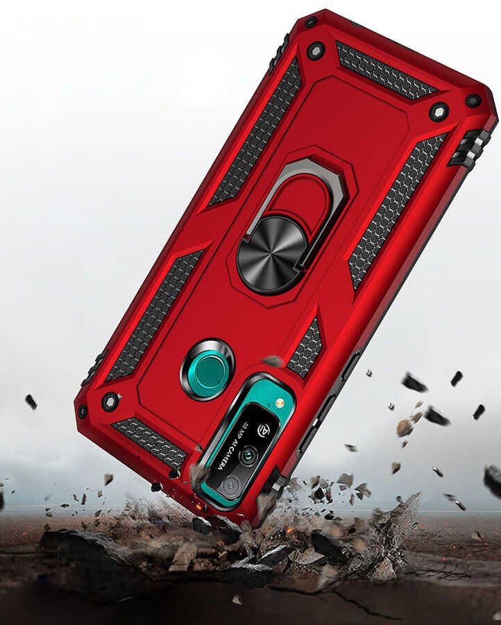 Huawei P40 Lite E Kılıf Tank Zırh Yüzüklü Mıknatıslı Standlı Kapak (VEGA) Gri