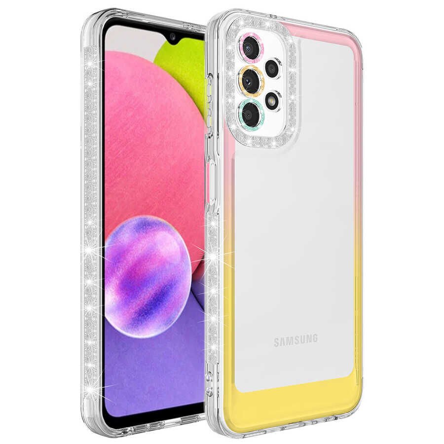 Samsung Galaxy A53 5G Kılıf Simli Renkli Parlak Kamera Lens Korumalı Transparan Kapak (Park) Pembe-Sarı