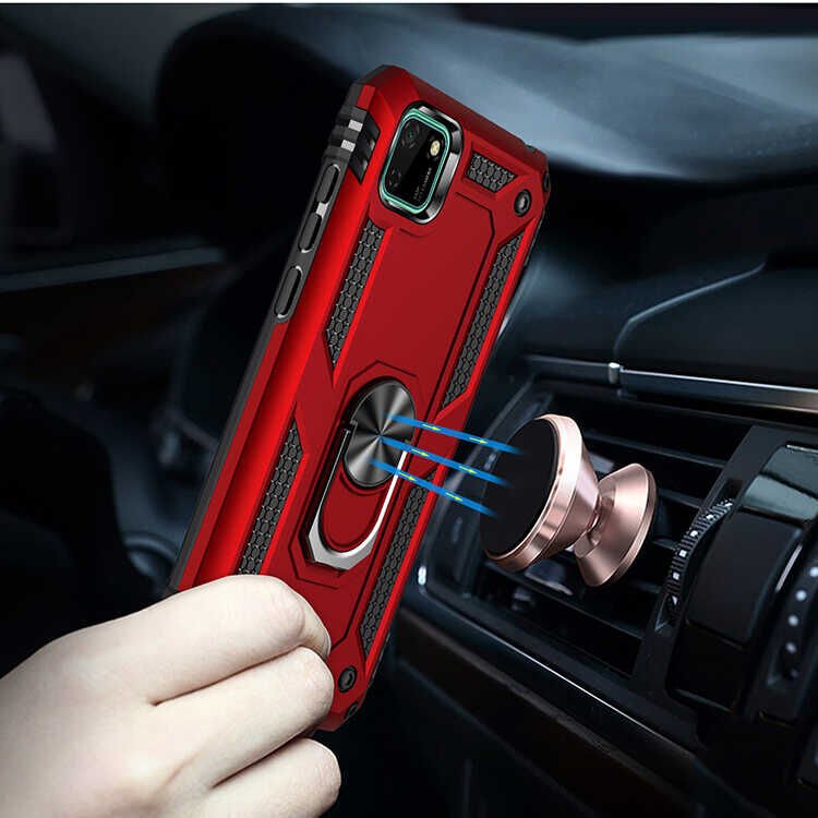 Huawei Y5P Kılıf Tank Zırh Yüzüklü Mıknatıslı Standlı Kapak (VEGA) Siyah