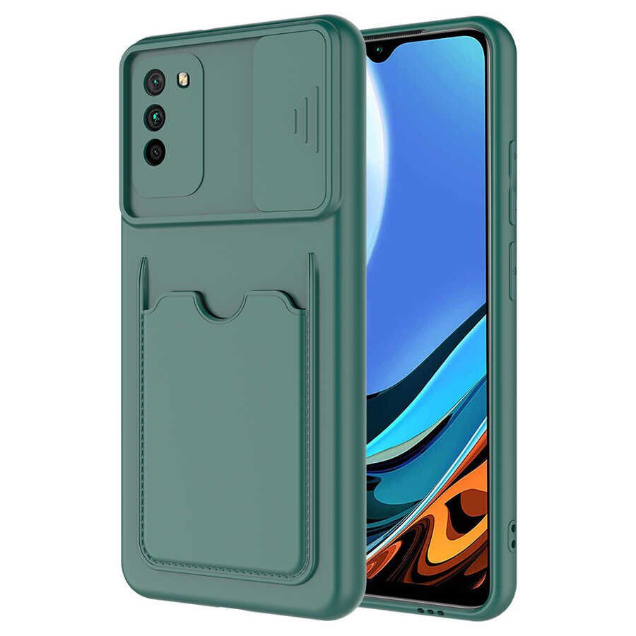 Xiaomi Poco M3 Kılıf Cüzdan Sürgülü Kamera Korumalı Kartllıklı Bölmeli Kapak (Kartix) Koyu Yeşil
