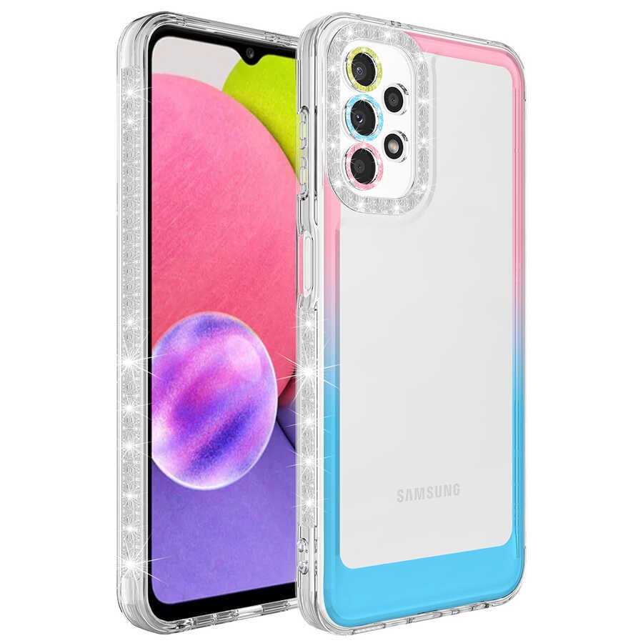 Samsung Galaxy A53 5G Kılıf Simli Renkli Parlak Kamera Lens Korumalı Transparan Kapak (Park) Pembe-Mavi