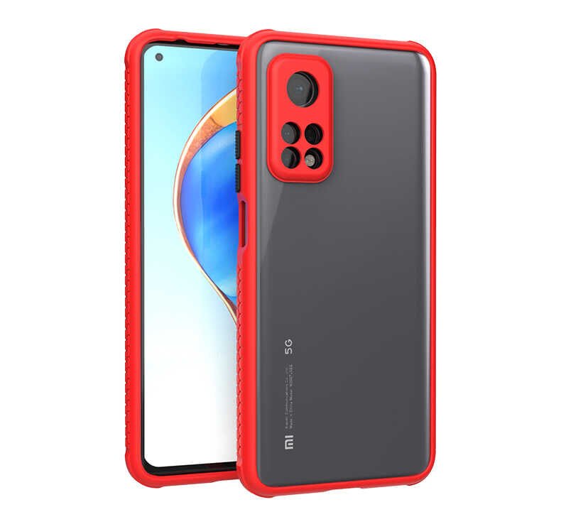 Xiaomi Mi 10T 5G Kılıf Köşe Ve Kamera Korumalı Arkası Şeffaf Renkli Tuşlu Kapak (KAFF) Kırmızı