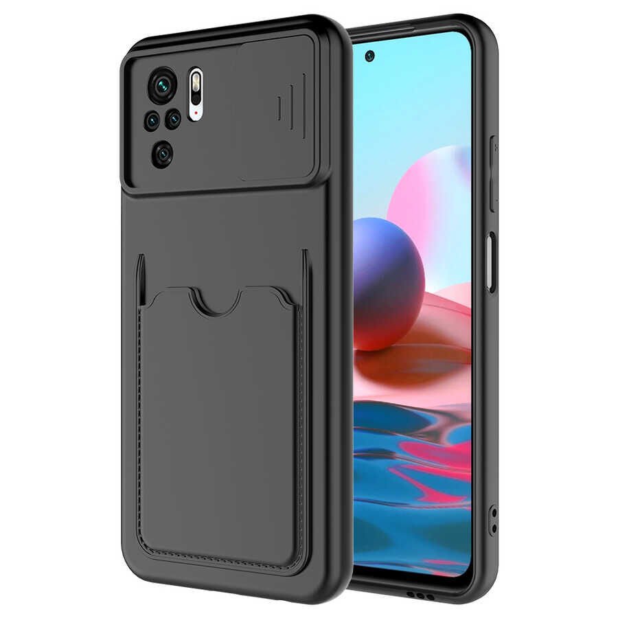 Xiaomi Redmi Note 10 Kılıf Cüzdan Sürgülü Kamera Korumalı Kartllıklı Bölmeli Kapak (Kartix) Siyah