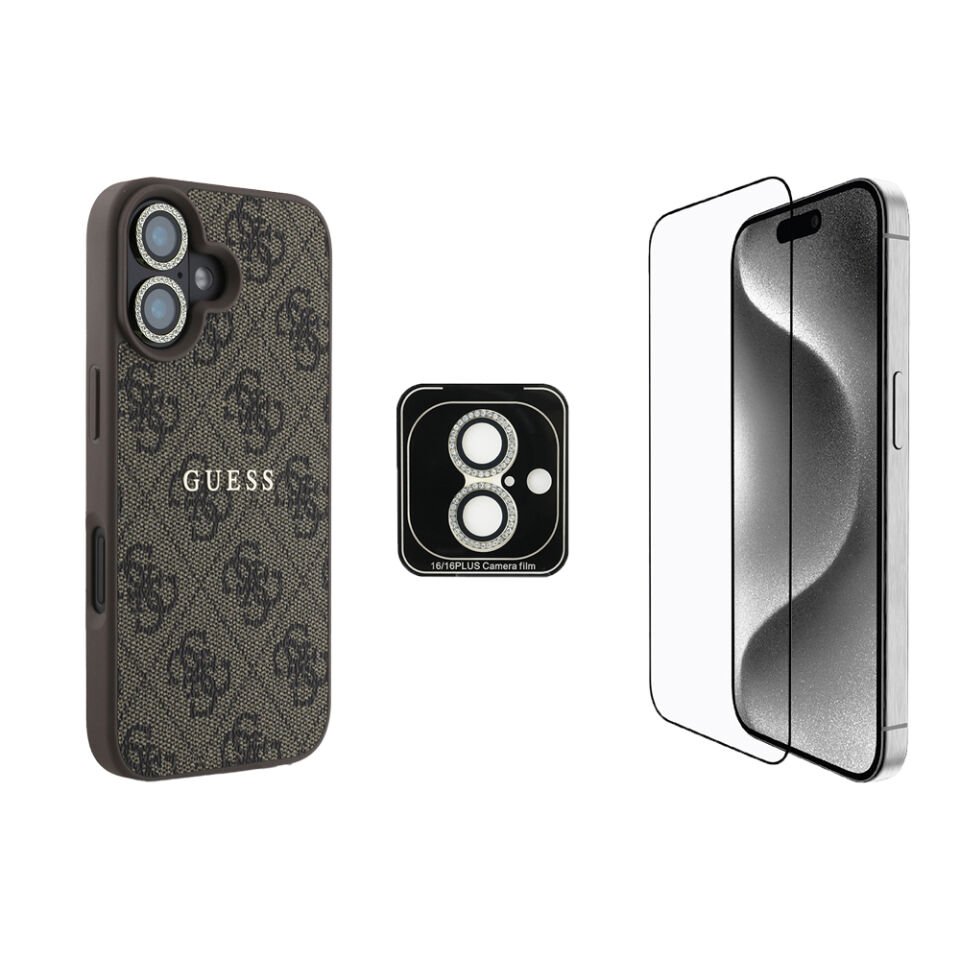 Apple iPhone 16 Guess Orjinal Lisanslı Kılıf + Ekran Koruyucu + Lens Koruyucu 3in1 Aksesuar Seti