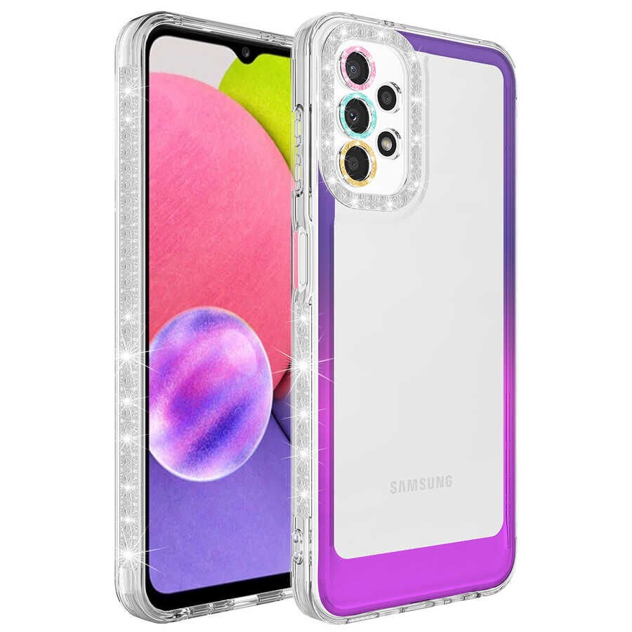 Samsung Galaxy A53 5G Kılıf Simli Renkli Parlak Kamera Lens Korumalı Transparan Kapak (Park) Mor-Pembe