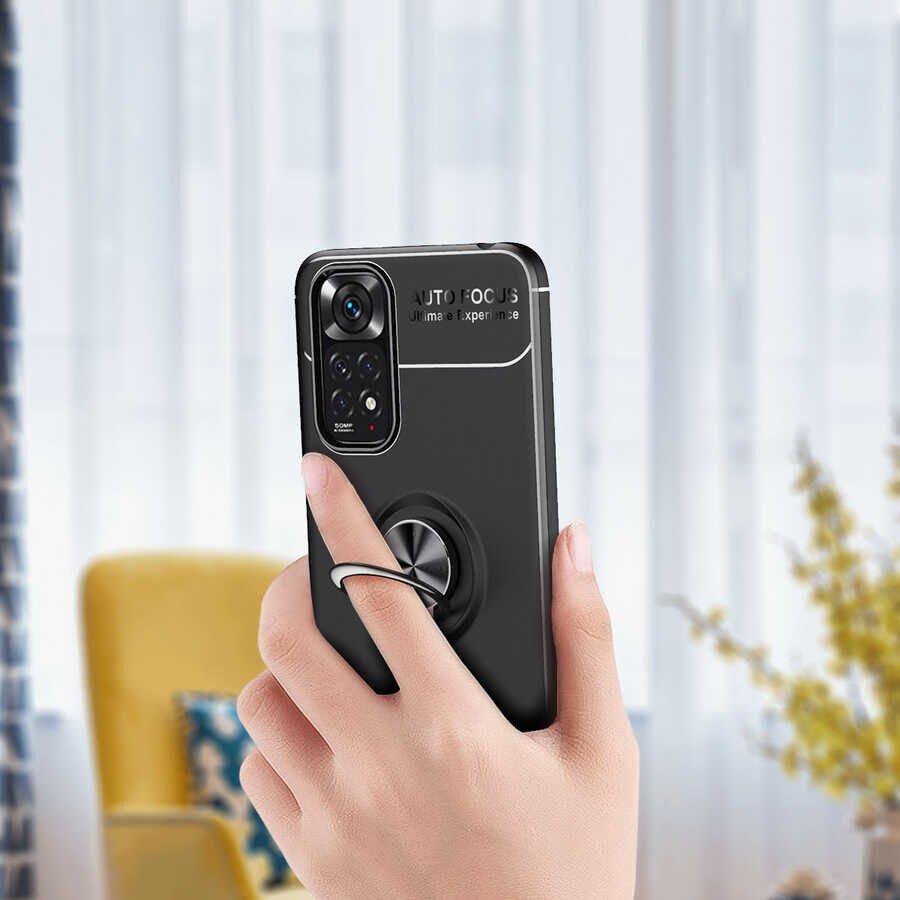 Xiaomi Redmi Note 11 Global Kılıf Kamera Çıkıntılı Renkli Yüzüklü Standlı Mıknatıslı Kapak (RAVEL) Kırmızı