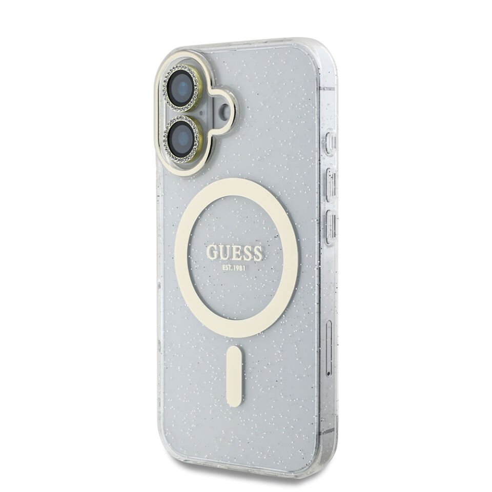 Apple iPhone 16 Guess Orjinal Lisanslı 3'lü Aksesuar Seti IML Baskılı Simli Glitter Kılıf + Ekran Koruyucu + Lens Koruyucu