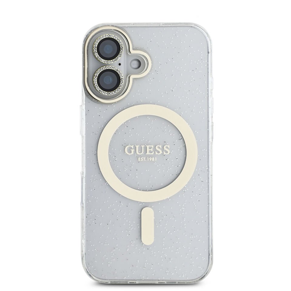 Apple iPhone 16 Guess Orjinal Lisanslı 3'lü Aksesuar Seti IML Baskılı Simli Glitter Kılıf + Ekran Koruyucu + Lens Koruyucu