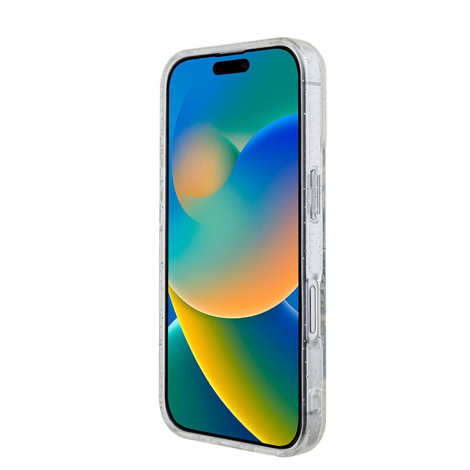 Apple iPhone 16 Guess Orjinal Lisanslı 3'lü Aksesuar Seti IML Baskılı Simli Glitter Kılıf + Ekran Koruyucu + Lens Koruyucu