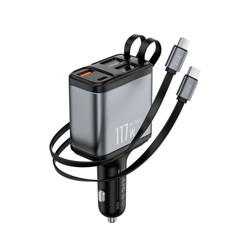 Wiwu Wi-QC027 Exeed Serisi Type-C&Lightning Kablolu + USB-A Hızlı Şarj Özellikli Led Göstergeli Araç Şarj Aleti 117W