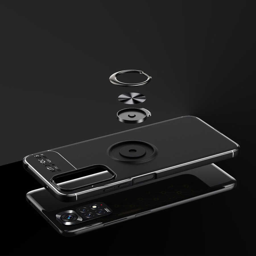 Xiaomi Redmi Note 11 Global Kılıf Kamera Çıkıntılı Renkli Yüzüklü Standlı Mıknatıslı Kapak (RAVEL) Mavi