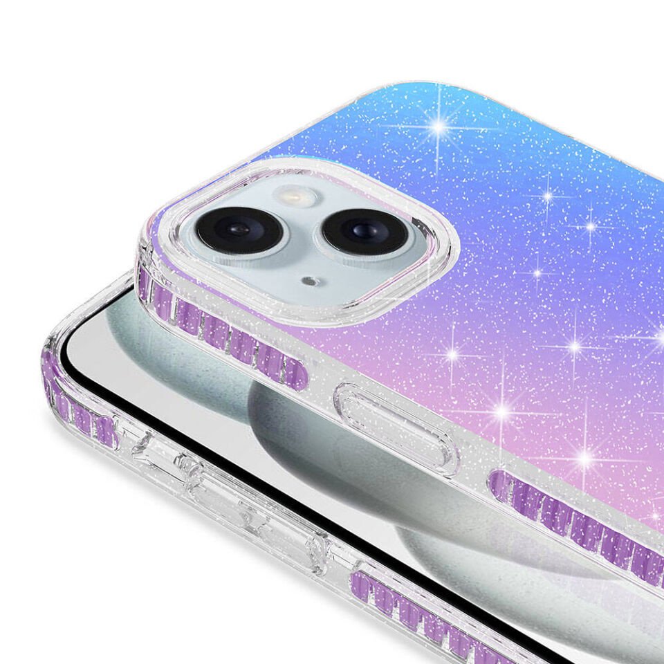 Apple  iPhone 15 Kılıf Renkli Geçiş Tasarımlı Hassas Buton Tasarımlı Silikon Kapak (velle) Mor