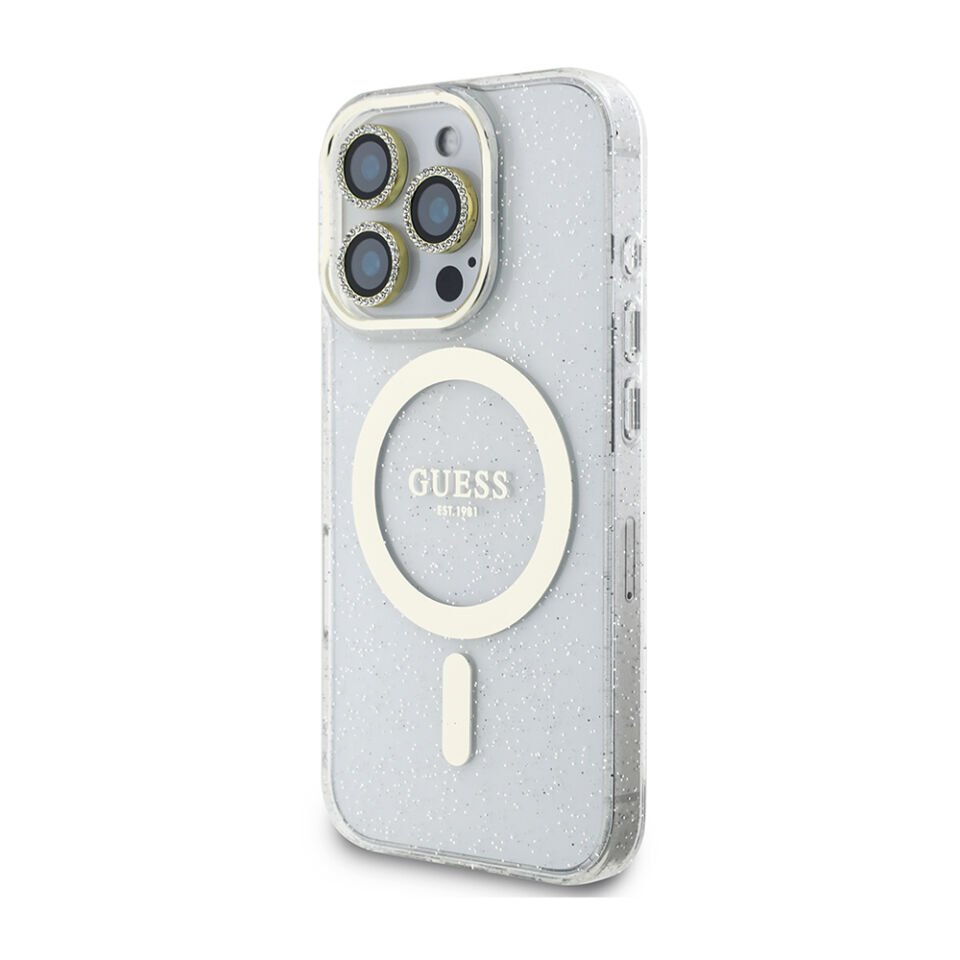 Apple iPhone 16 Pro Guess Orjinal Lisanslı 3'lü Aksesuar Seti IML Baskılı Simli Glitter Kılıf + Ekran Koruyucu + Lens Koruyucu
