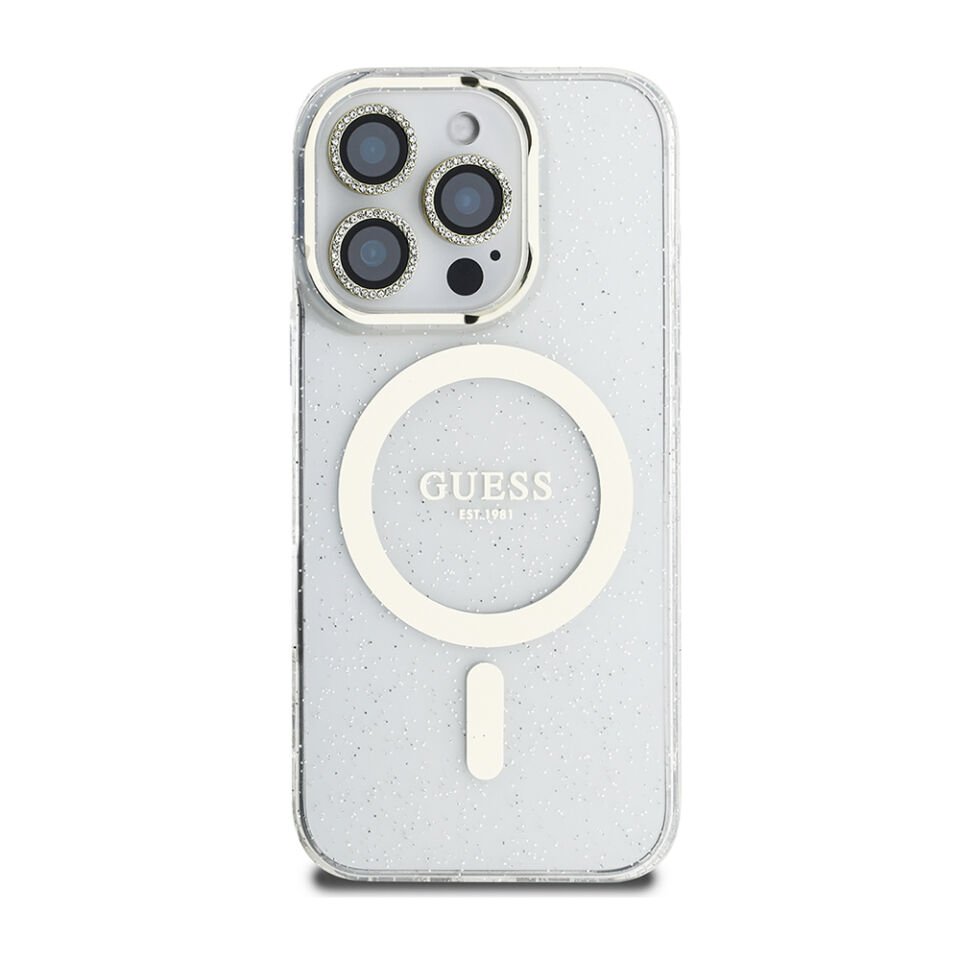 Apple iPhone 16 Pro Guess Orjinal Lisanslı 3'lü Aksesuar Seti IML Baskılı Simli Glitter Kılıf + Ekran Koruyucu + Lens Koruyucu