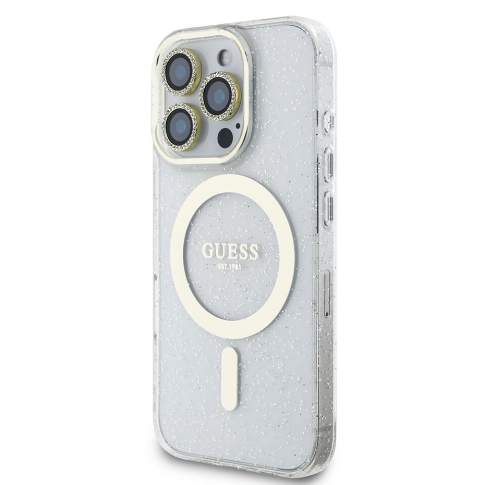 Apple iPhone 16 Pro Max Guess Orjinal Lisanslı 3'lü Aksesuar Seti IML Baskılı Simli Glitter Kılıf + Ekran Koruyucu + Lens Koruyucu