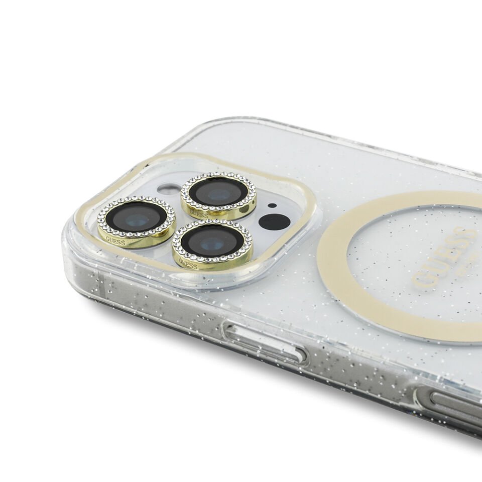 Apple iPhone 16 Pro Max Guess Orjinal Lisanslı 3'lü Aksesuar Seti IML Baskılı Simli Glitter Kılıf + Ekran Koruyucu + Lens Koruyucu