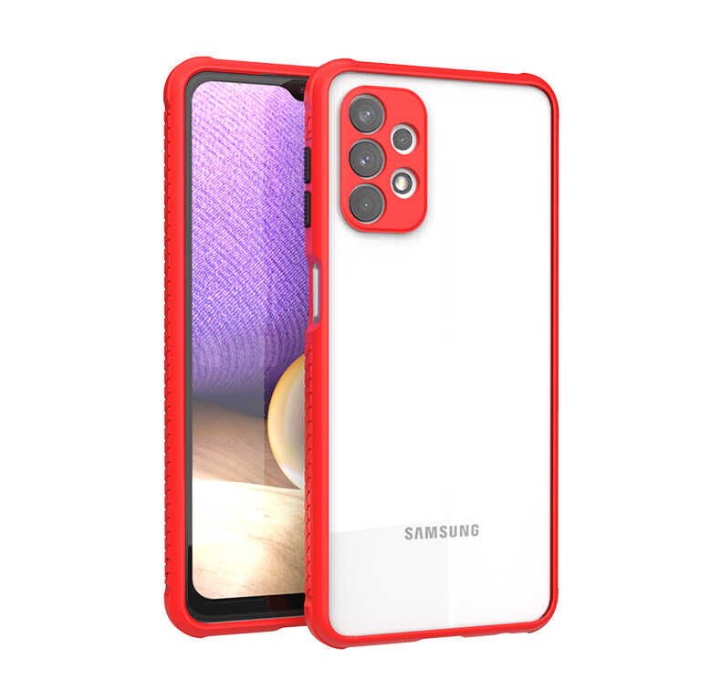 Samsung Galaxy A32 4G Kılıf Köşe Ve Kamera Korumalı Arkası Şeffaf Renkli Tuşlu Kapak (KAFF) Kırmızı