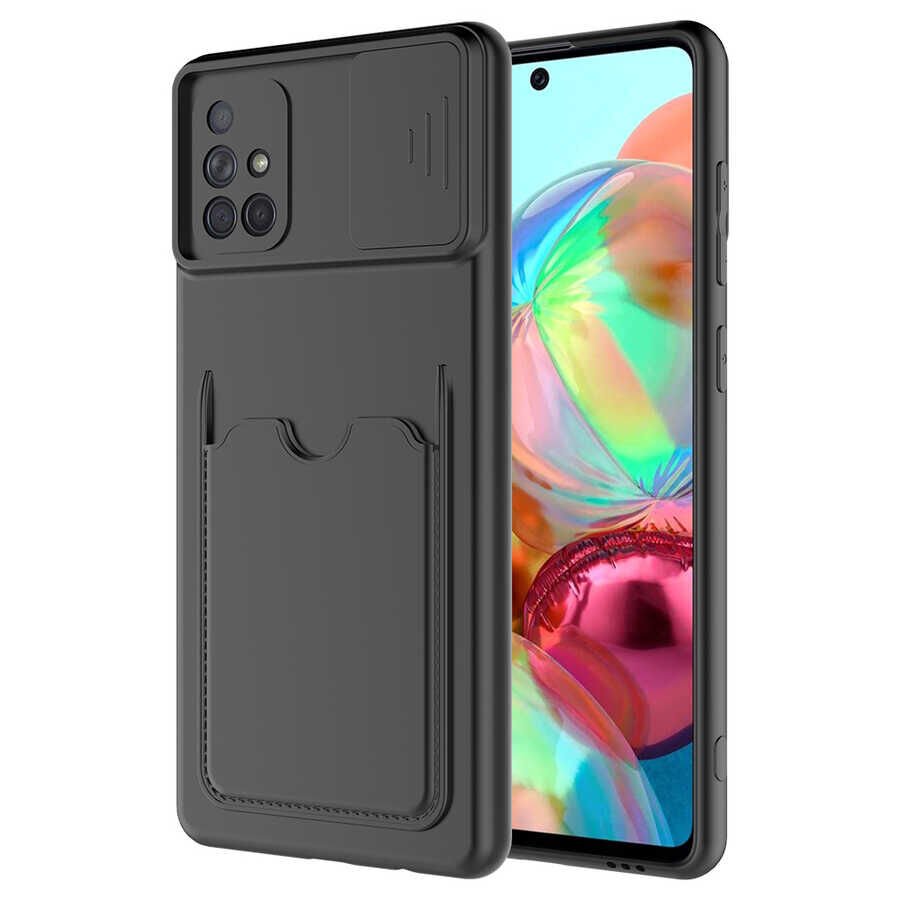 Samsung Galaxy A71 Kılıf Cüzdan Sürgülü Kamera Korumalı Kartllıklı Bölmeli Kapak (Kartix) Siyah