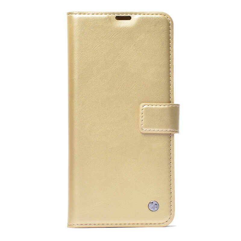Realme C2 Kılıf Pu Deri Kapaklı Standlı Kartlıklı Bölmeli Deluxe Cüzdan Gold
