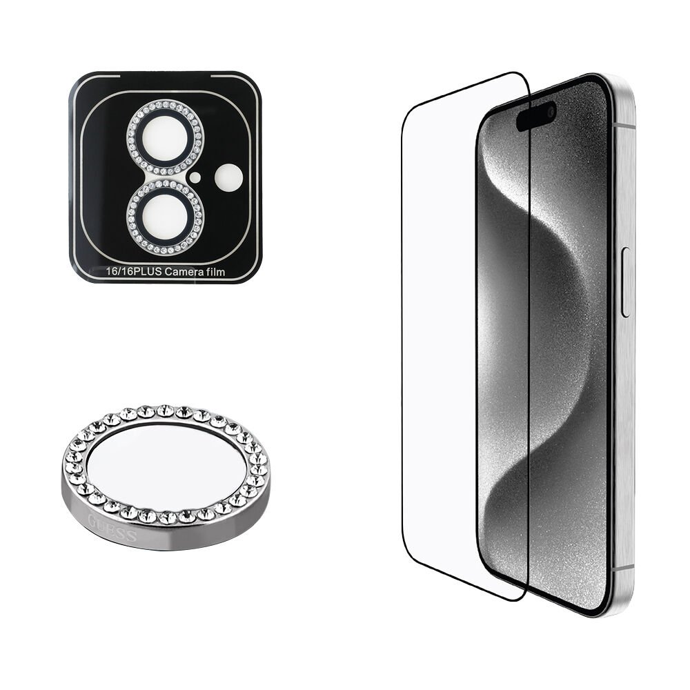 Apple iPhone 16 Plus Guess Orjinal Lisanslı Rhinestone Ekran Koruyucu + Lens Koruyucu 2in1 Aksesuar Seti