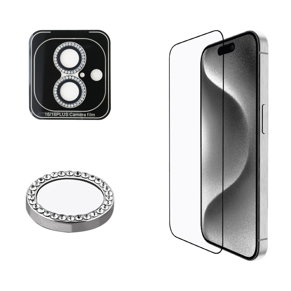 Apple iPhone 16 Plus Guess Orjinal Lisanslı Rhinestone Ekran Koruyucu + Lens Koruyucu 2in1 Aksesuar Seti