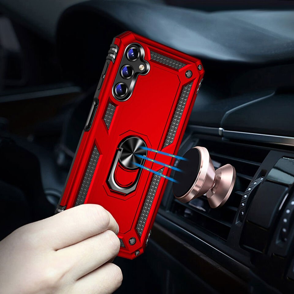 Samsung Galaxy A14 Kılıf Tank Zırh Yüzüklü Mıknatıslı Standlı Kapak (VEGA) Siyah
