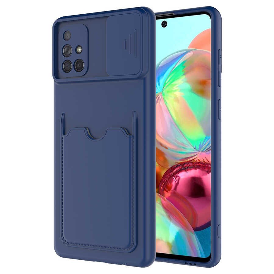 Samsung Galaxy A71 Kılıf Cüzdan Sürgülü Kamera Korumalı Kartllıklı Bölmeli Kapak (Kartix) Lacivert