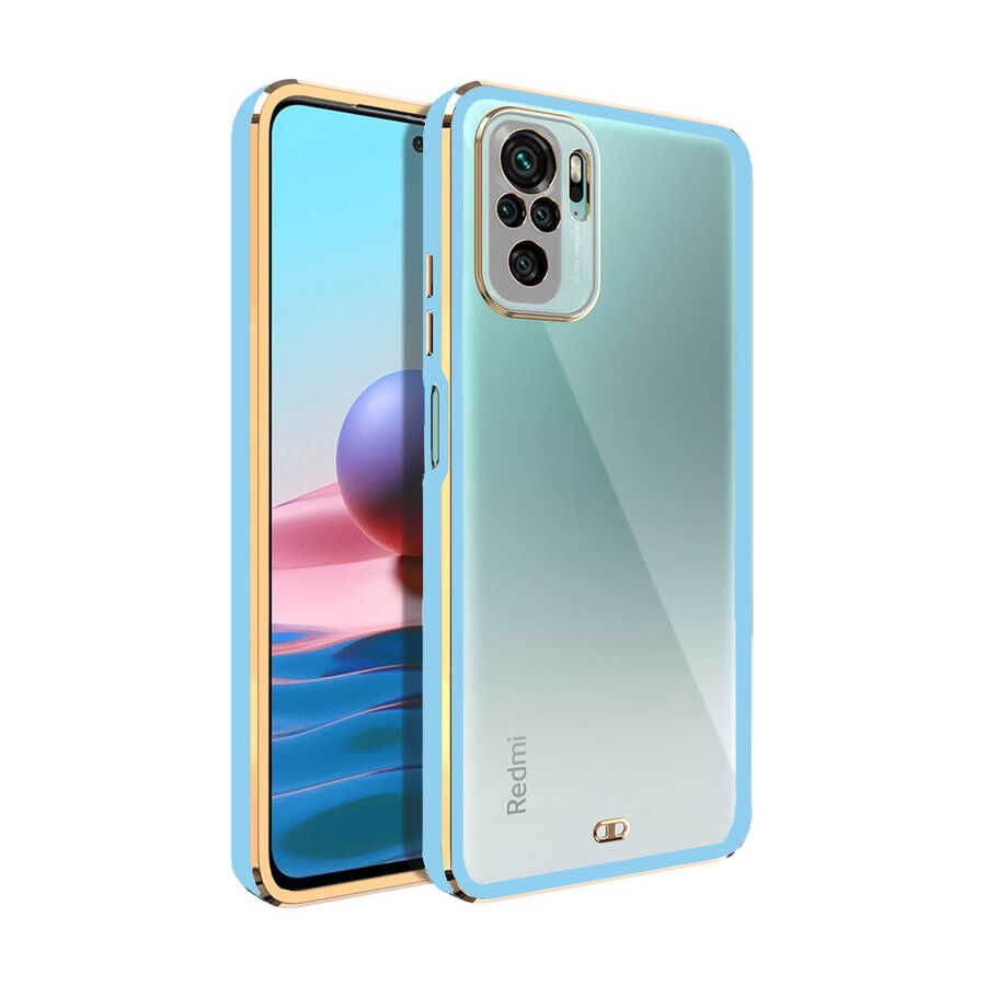 Xiaomi Redmi Note 10S Kılıf Parlak Kenarlı Altın İşlemeli Kamera Korumalı Kapak (Voit c.) Mavi Açık