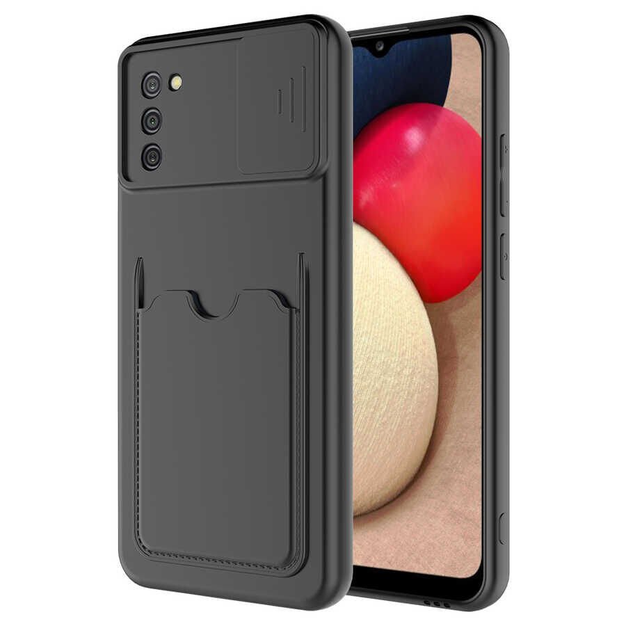Samsung Galaxy A02S Kılıf Cüzdan Sürgülü Kamera Korumalı Kartllıklı Bölmeli Kapak (Kartix) Siyah