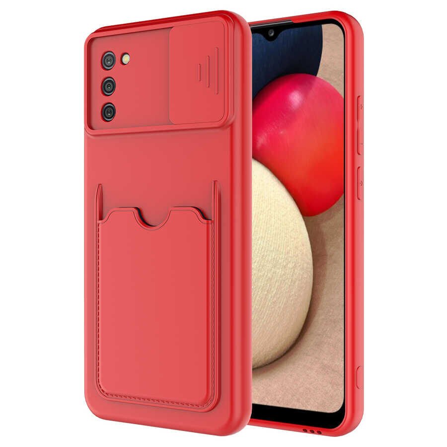 Samsung Galaxy A02S Kılıf Cüzdan Sürgülü Kamera Korumalı Kartllıklı Bölmeli Kapak (Kartix) Kırmızı