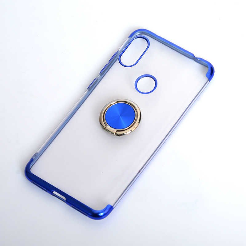 Xiaomi Redmi Note 6 Pro Kılıf Yüzüklü Standlı Silikon Köşeleri Renkli Kapak (GES) Mavi