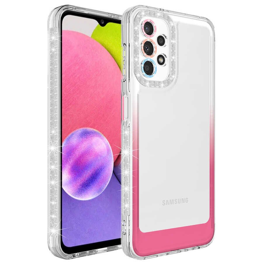 Samsung Galaxy A13 4G Kılıf Simli Renkli Parlak Kamera Lens Korumalı Transparan Kapak (Park) Beyaz-Pembe