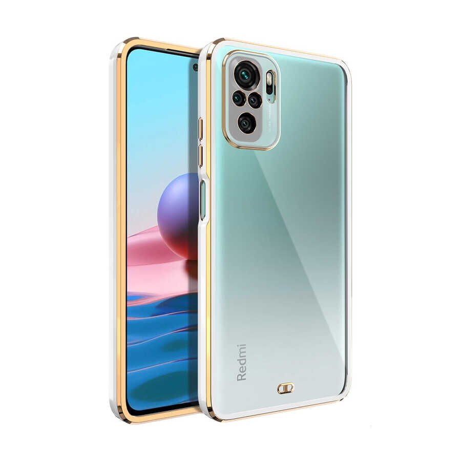 Xiaomi Redmi Note 10 Kılıf Parlak Kenarlı Altın İşlemeli Kamera Korumalı Kapak (Voit c.) Beyaz