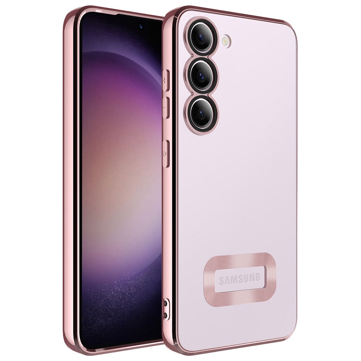 Samsung Galaxy S23 Plus Kılıf Kamera Lens Korumalı Logo Gösteren Parlak Kenarlı Kapak (OMEGA) Derin Mor