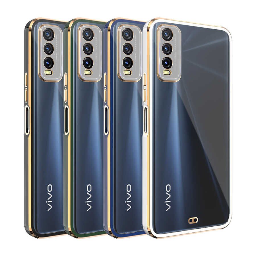 Vivo Y11S Kılıf Parlak Kenarlı Altın İşlemeli Kamera Korumalı Kapak (Voit c.) Lacivert
