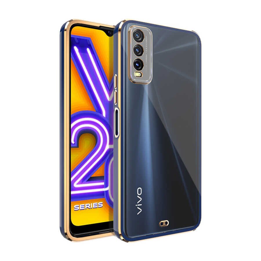 Vivo Y11S Kılıf Parlak Kenarlı Altın İşlemeli Kamera Korumalı Kapak (Voit c.) Lacivert