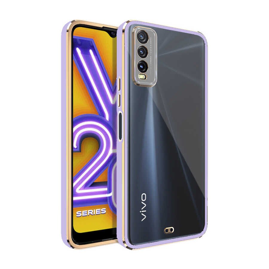 Vivo Y11S Kılıf Parlak Kenarlı Altın İşlemeli Kamera Korumalı Kapak (Voit c.) Lila