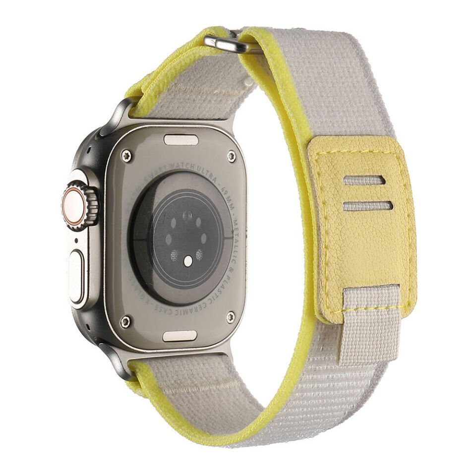 Apple Watch 2/3/4/5/6/7/8/9/se/ultra/nike 42mm 44mm 45mm 49mm Hasır Kordon Tasarım (KRD-106) Beyaz-Sarı