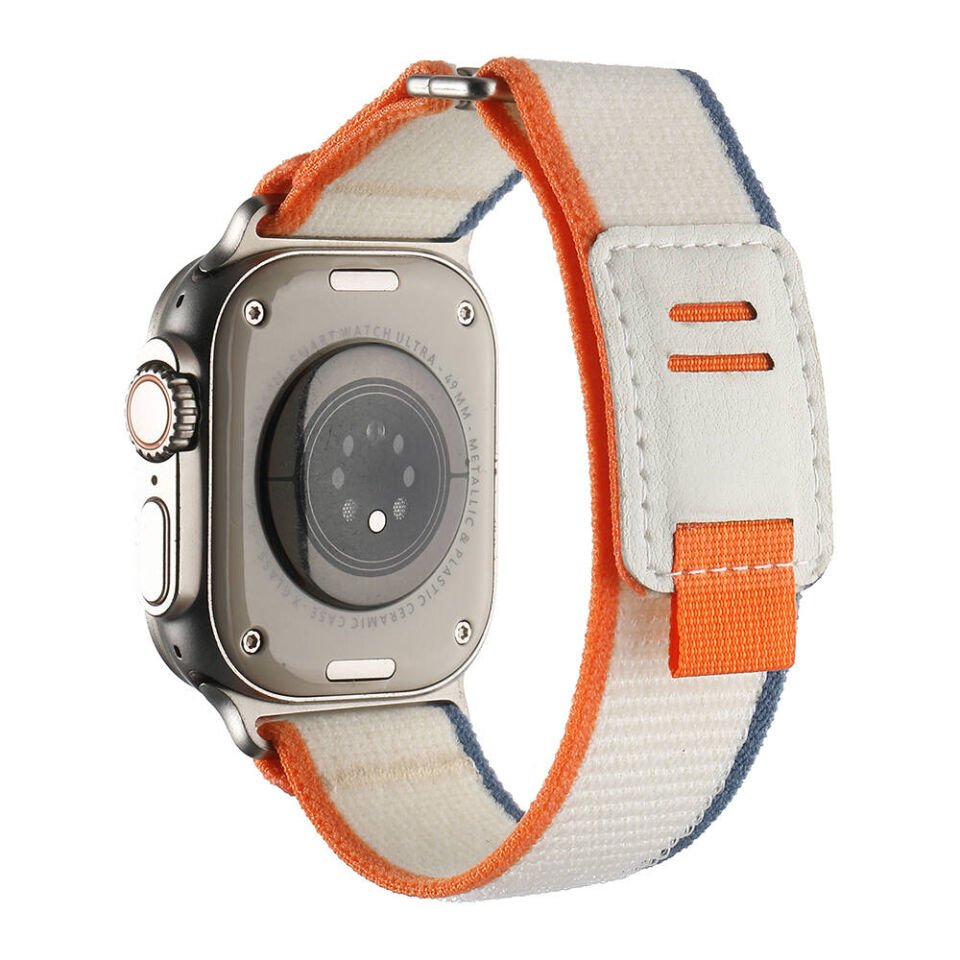 Apple Watch 2/3/4/5/6/7/8/9/se/ultra/nike 42mm 44mm 45mm 49mm Hasır Kordon Tasarım (KRD-106) Beyaz-Turuncu
