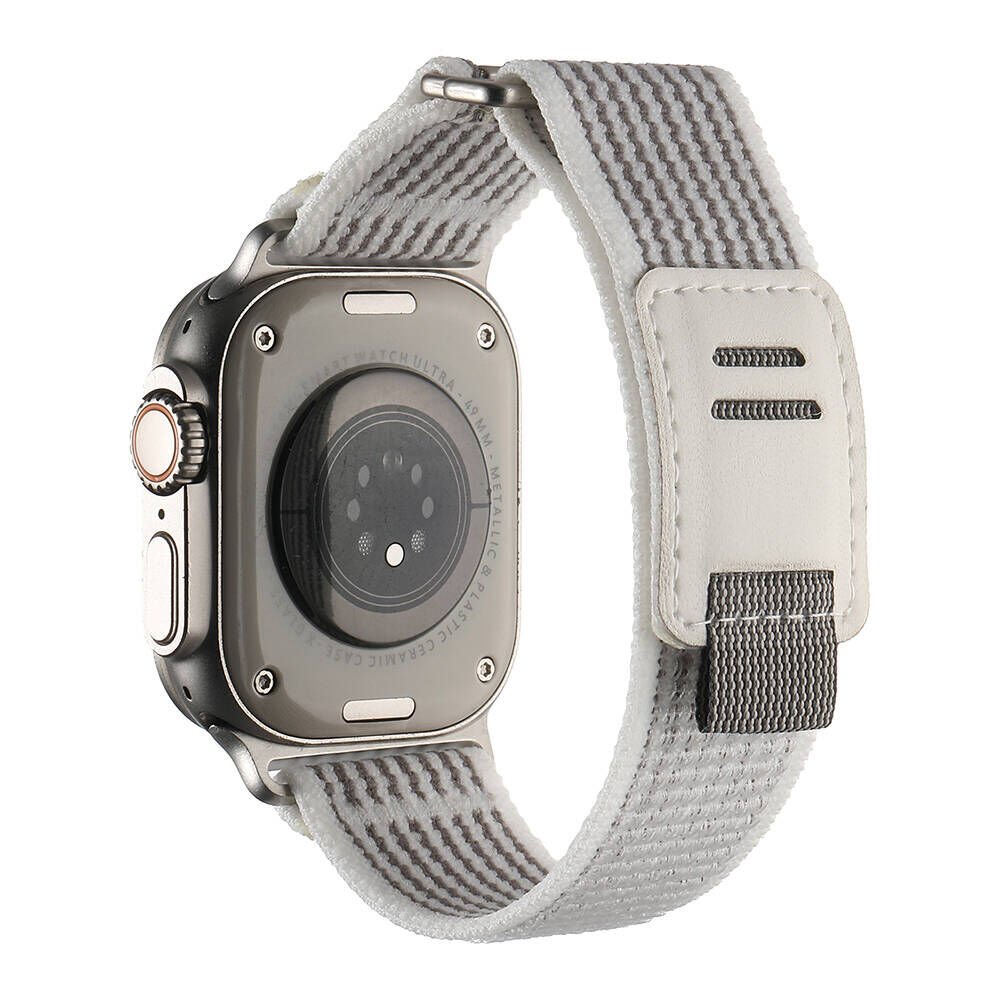 Apple Watch 2/3/4/5/6/7/8/9/se/ultra/nike 42mm 44mm 45mm 49mm Hasır Kordon Tasarım (KRD-106) Beyaz