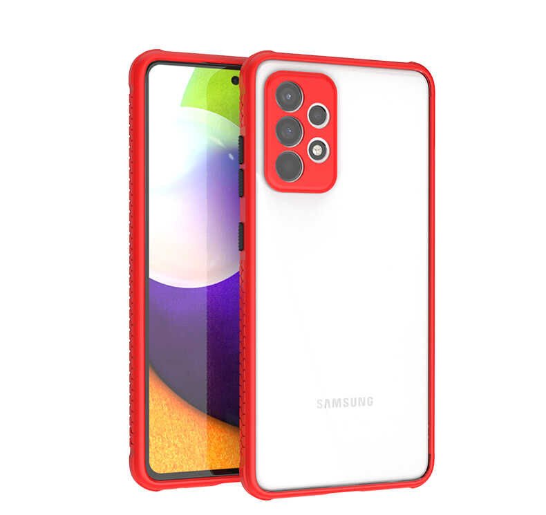 Samsung Galaxy A52 Kılıf Köşe Ve Kamera Korumalı Arkası Şeffaf Renkli Tuşlu Kapak (KAFF) Kırmızı