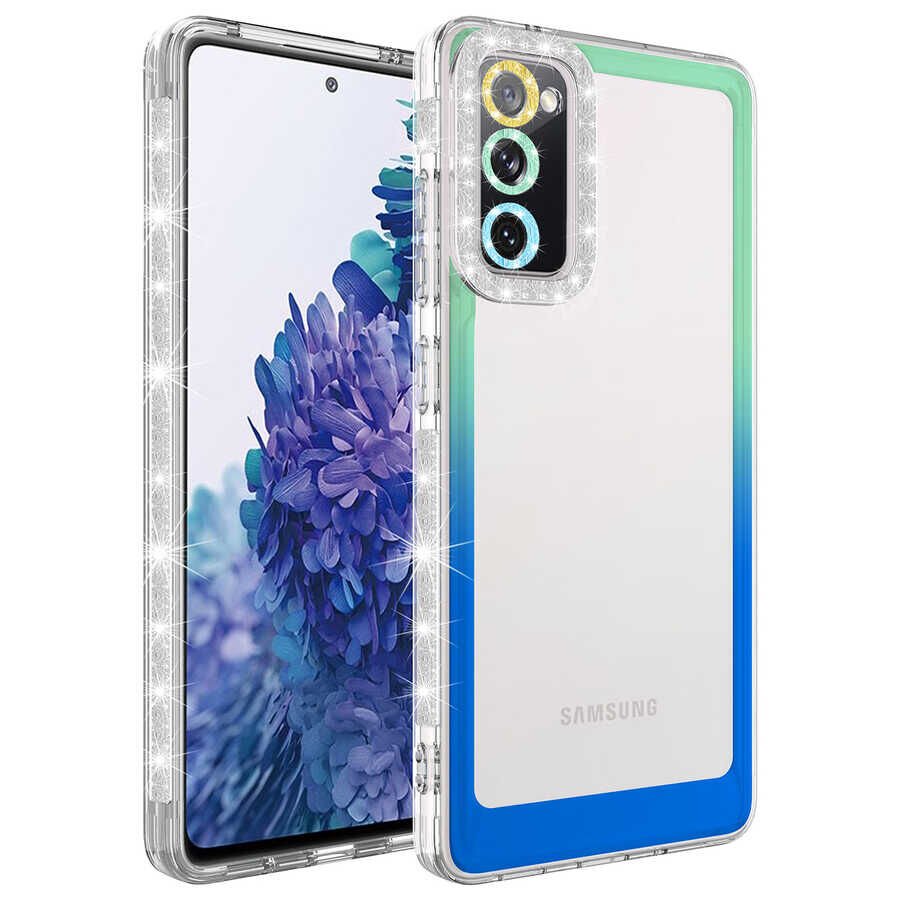 Samsung Galaxy S20 FE Kılıf Simli Renkli Parlak Kamera Lens Korumalı Transparan Kapak (Park) Yeşil-Mavi