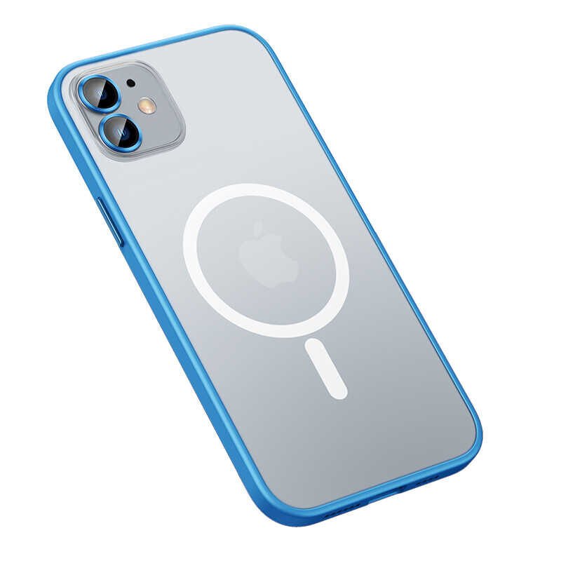 Apple  iPhone 12 Kılıf Lens Koruyuculu Tacsafe Destekli Kenarları Renkli Mat  Kapak (MOKKA) Mavi