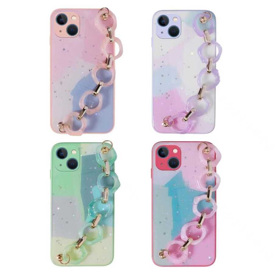 Apple iPhone 13 Kılıf Simli Desenli El Askılı Tutacaklı HEPTEKİLETİŞİM Elsa Silikon Kapak