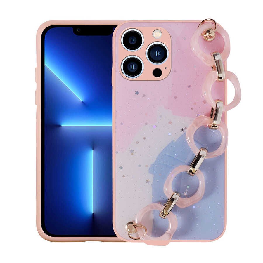 Apple iPhone 13 Pro Kılıf Simli Desenli El Askılı Tutacaklı HEPTEKİLETİŞİM Elsa Silikon Kapak