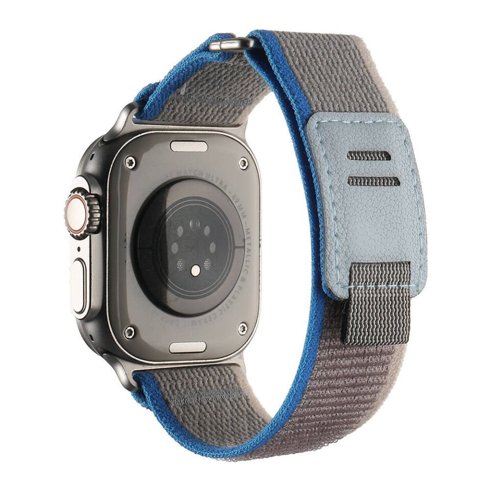 Apple Watch 2/3/4/5/6/7/8/9/se/ultra/nike 42mm 44mm 45mm 49mm Hasır Kordon Tasarım (KRD-106) Gri-Mavi