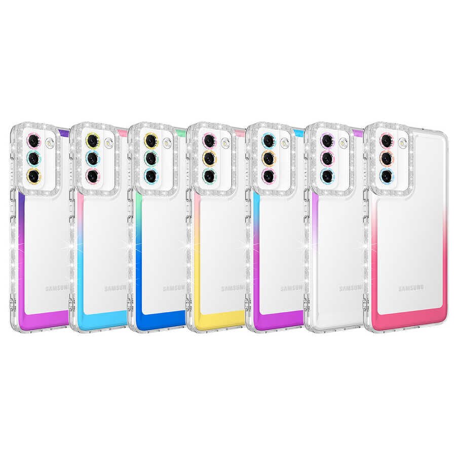 Samsung Galaxy S21 FE Kılıf Simli Renkli Parlak Kamera Lens Korumalı Transparan Kapak (Park) Mavi-Mor