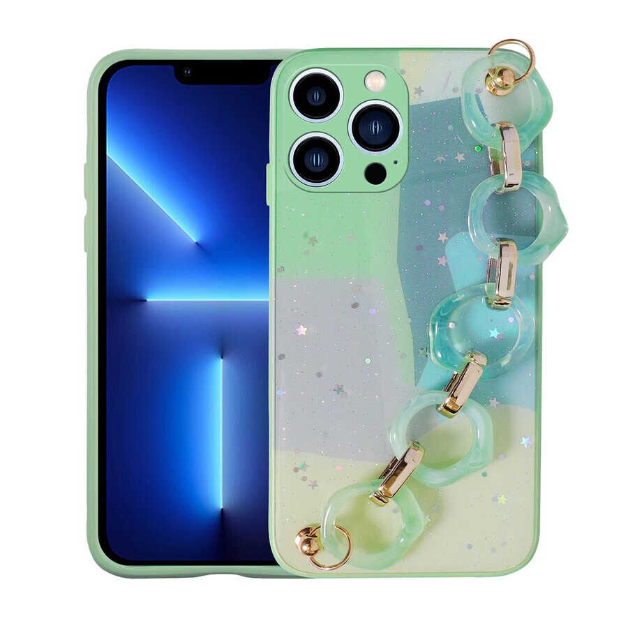 Apple iPhone 13 Pro Max Kılıf Simli Desenli El Askılı Tutacaklı HEPTEKİLETİŞİM Elsa Silikon Kapak